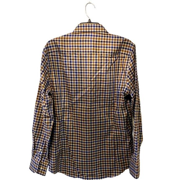 Egara Men's plaid blue, tan and white button up shirt. slim fit stretch. Size M - Picture 2 of 4